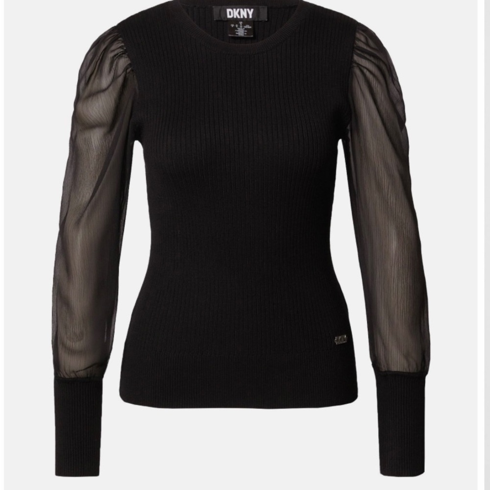 DKNY Long Puff Sleeves Crewneck Knit Top With Sheer Sleeves
